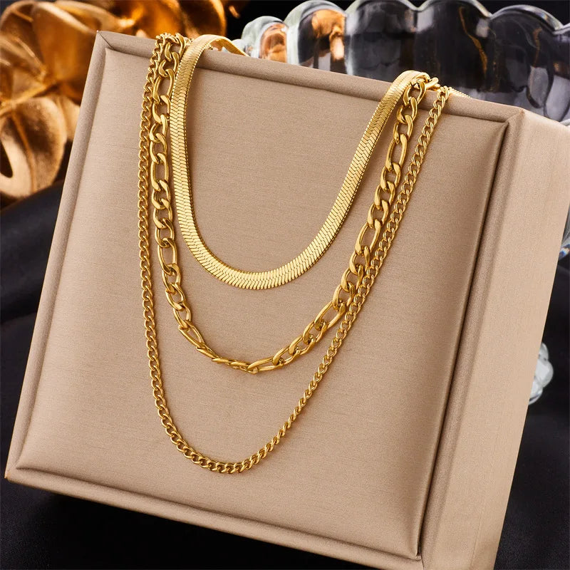 Women Fashion Non Tarnish Stainless Steel 18k Pvd Gold Plated Multi Layer Gold Chain Necklace