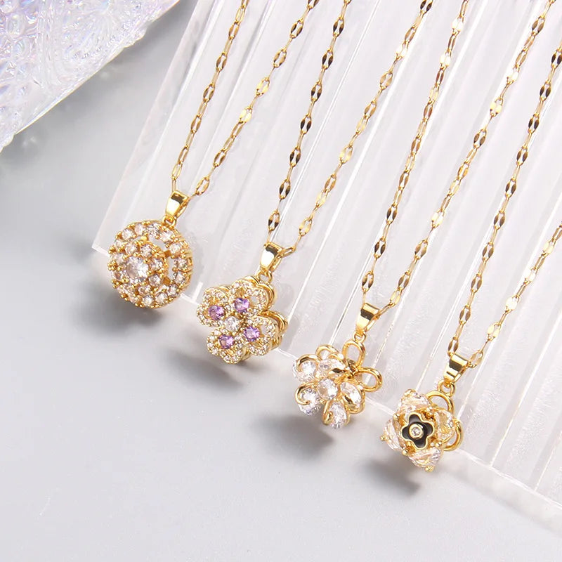 Hot Selling Stainless Steel Chain Fidget Spinner Rotatable Zircon Necklace Multi Styles Four Leaf Clover Hearts Necklace