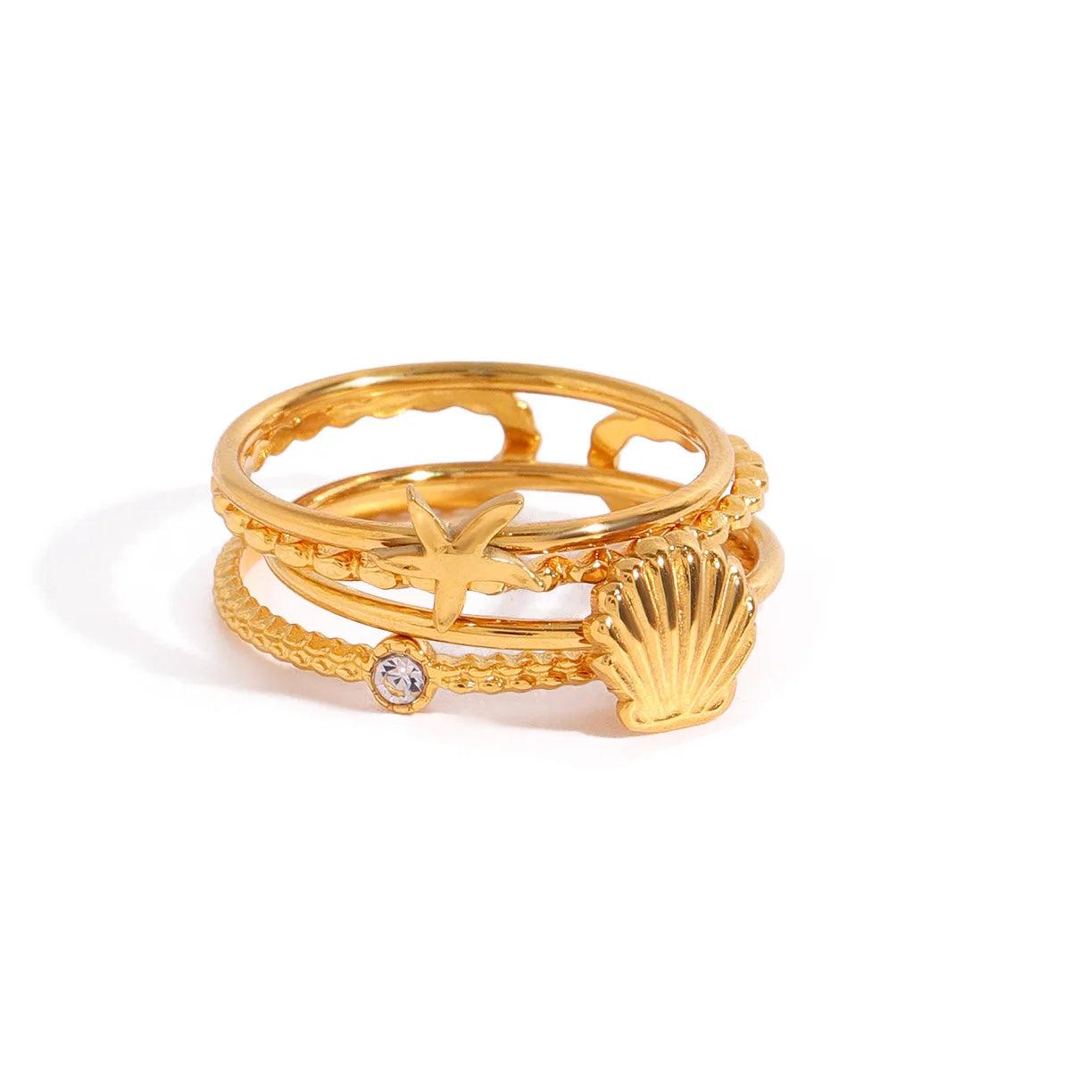 Stainless Steel 18K Gold Plated Three-Layer Ring Classic Style Opening Gift Shell Ring for Women's Engagement Sense Ocean Series