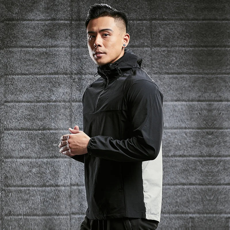 Mesh Fabric Sweatshirt Breathable Quarter Zipper Collar Casual Long Sleeves Tops Hoodie Color Block Design Shirts for Men