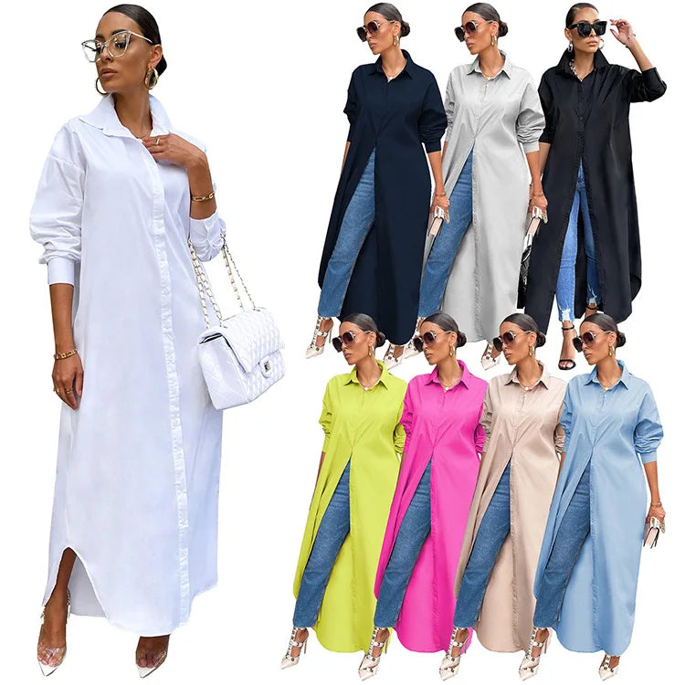 Good Quality Wholesale Solid Color Plus Size Maxi Shirt Dress Women Full Sleeve Button Down Coat Shirts