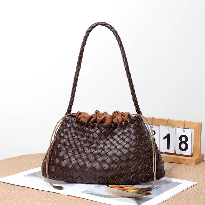 2025 Spring Women Dark Brown Woven Shoulder Bags for Ladies Casual Braided Tote Hand Bag with Drawstring Purse From Guangzhou