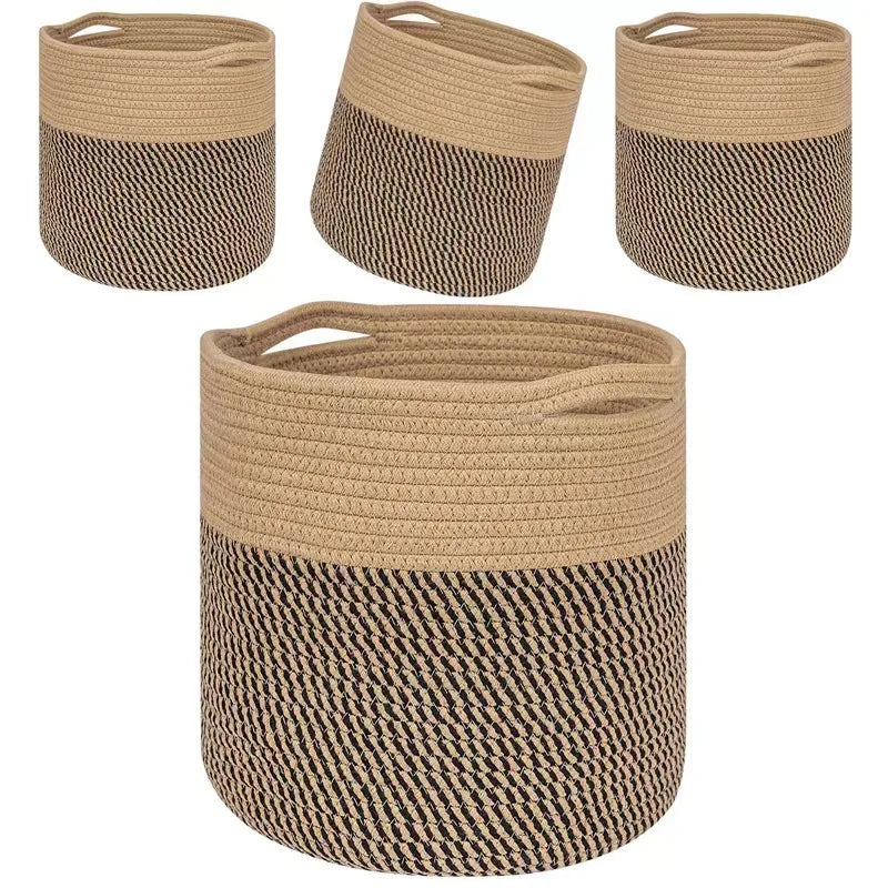 Modern Eco-Friendly Foldable Cotton Woven Storage Basket for Living Room Clothes and Laundry with Handles