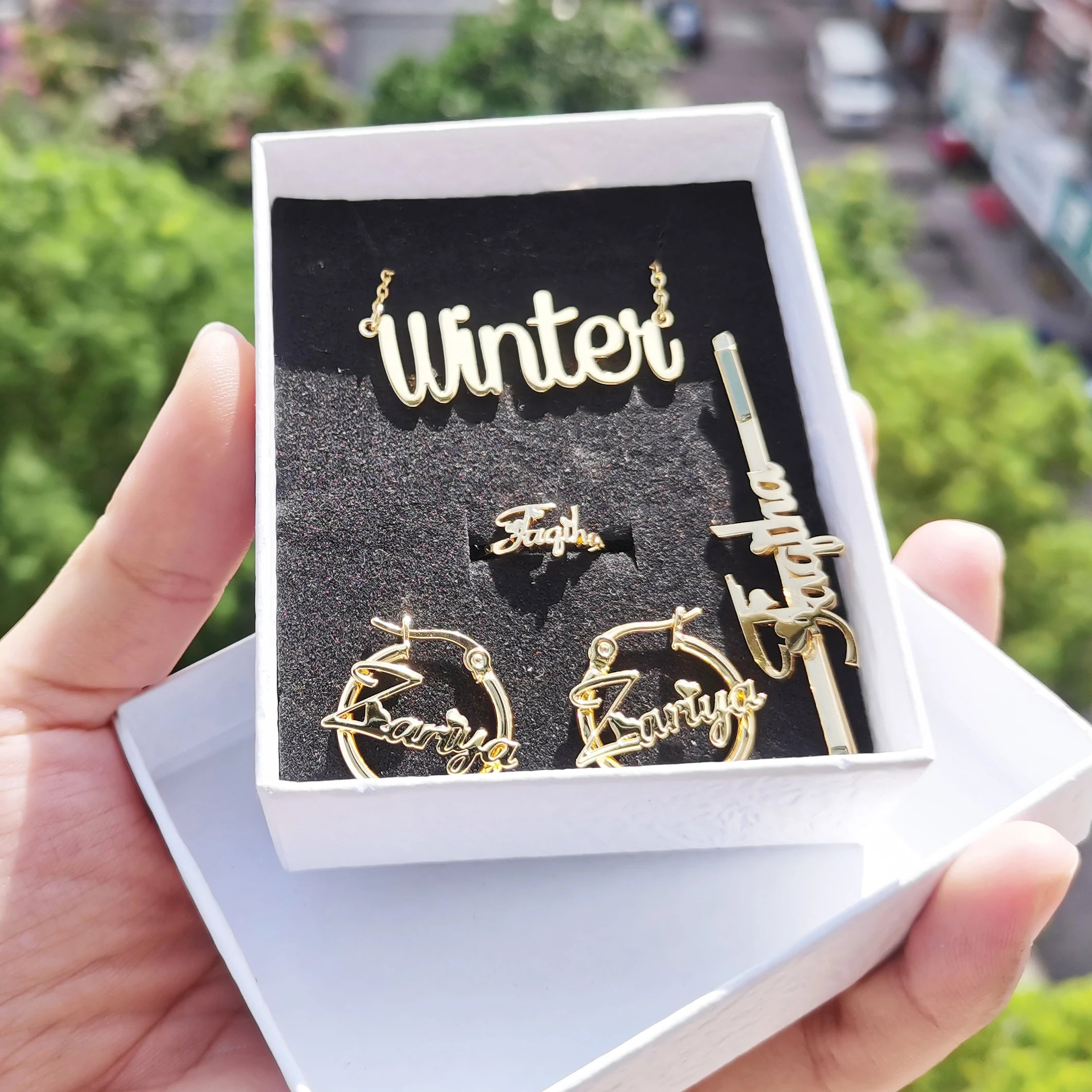 Qiuhan Stainless Steel Personalized Custom Name Necklace Ring Earrings Hairpin Jewelry Set for Children