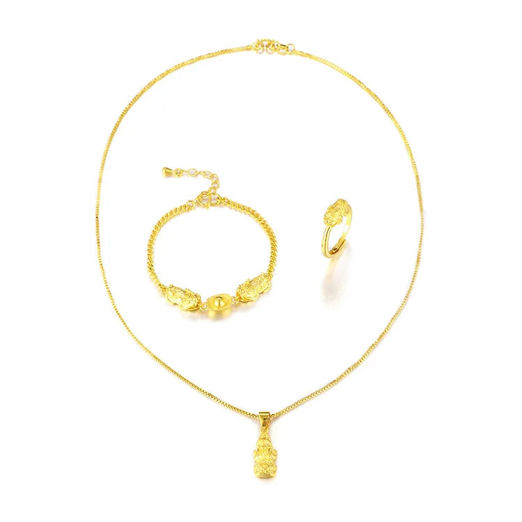 Dubai Gold  Sand Gold Pixiu Pendant Set 18k Gold Plated  Ladies Ingot Piqiu Bracelet Ring Live Jewelry Wholesale