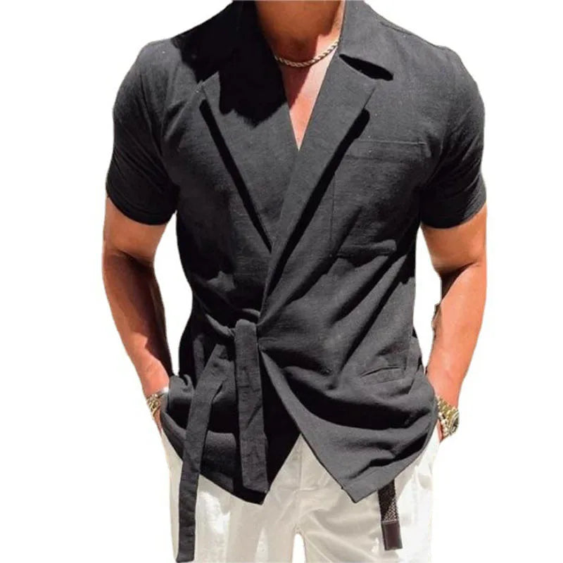 RNSHANGER Summer Solid Color Short-sleeved Shirt Suit Lapel Strap French Elegant Gentleman Loose Casual Simple Top Men's Shirts