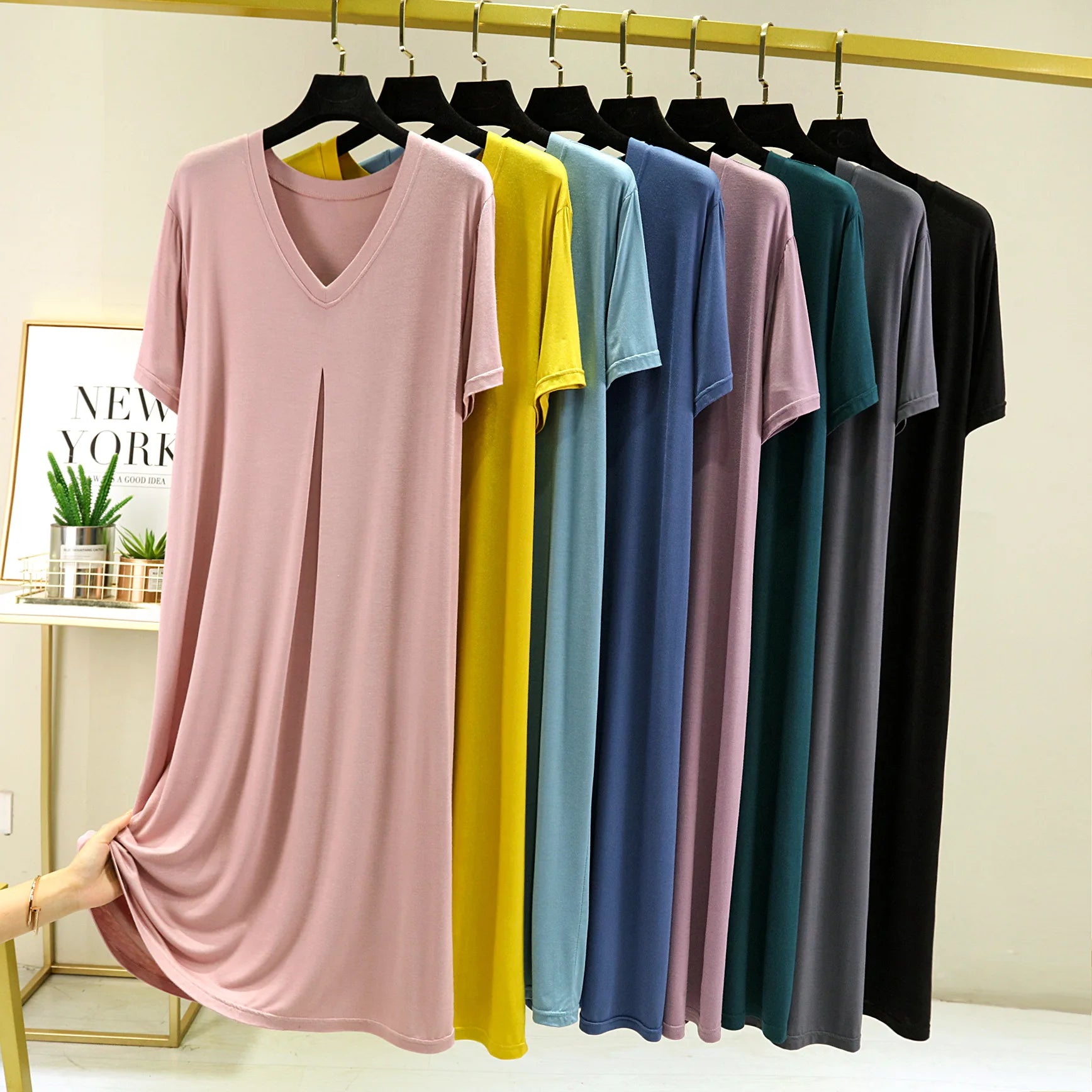 Nightdress Woman Solid Color Modal T Shirt Dress Summer V Neck Pajamas Women's Sleepwear