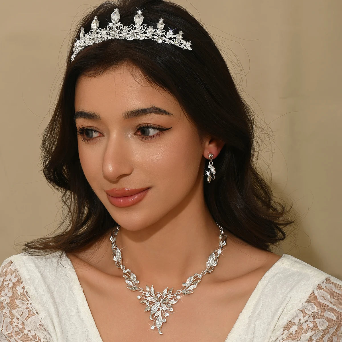 Luxury Silvery Wedding Crown Set - High-Quality Crown + Earrings + Necklace