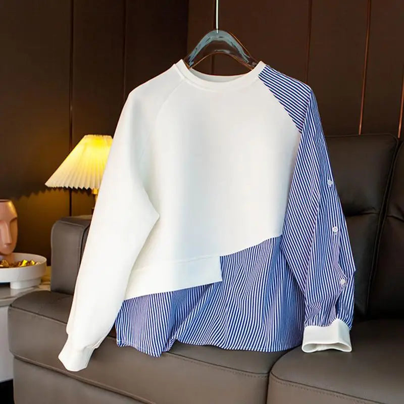 Wholesale 2026 Spring New Fashion Design Sense Niche Stitching Round Neck Sweater Irregular Striped Loose Cotton Hoodies