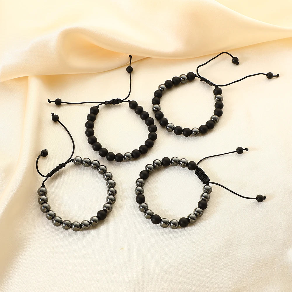 Wholesale Classic  Black Gallstone Beaded Bracelet  Handmade Braided Adjustable  8MM Black Agate Glass Bead Bracelet for Men