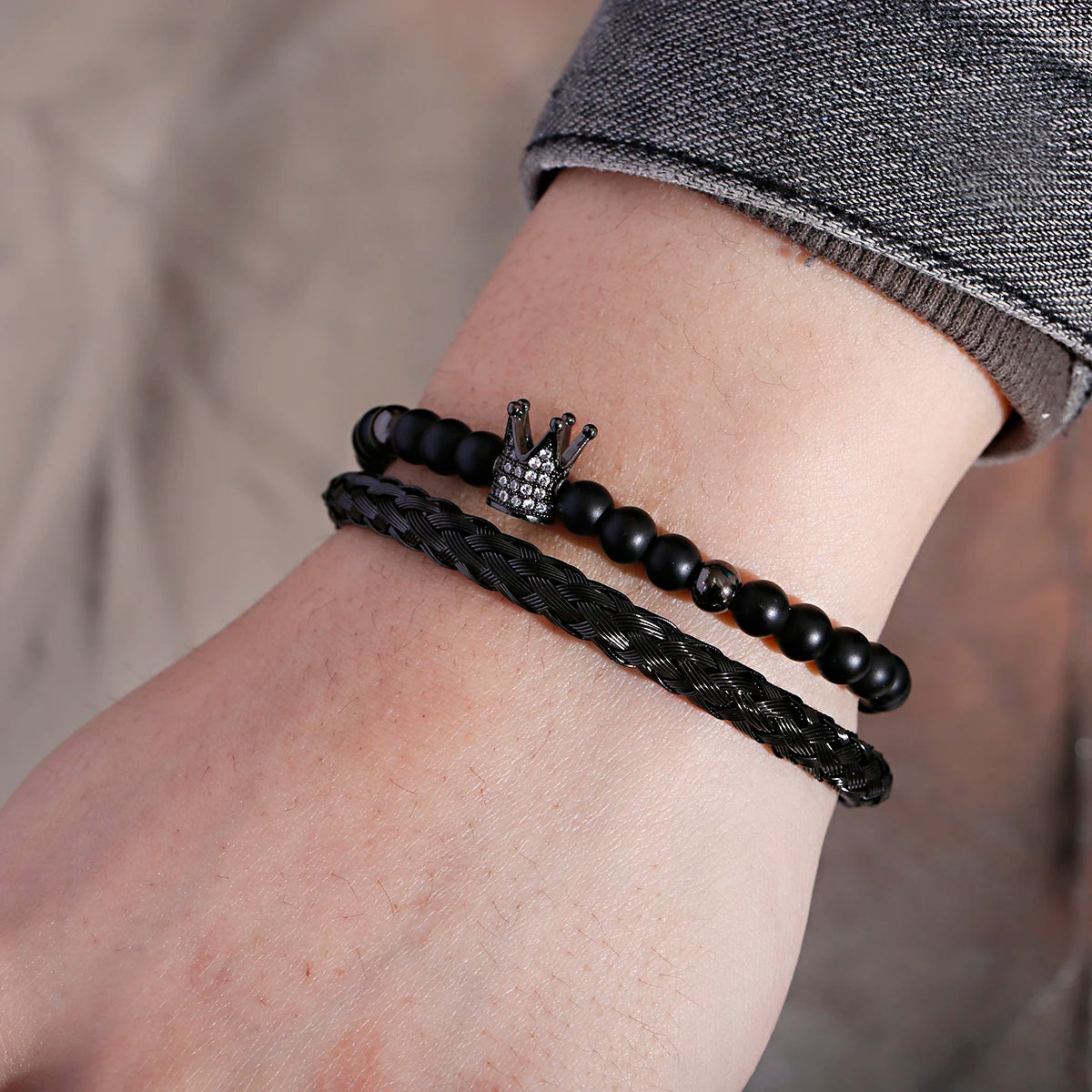 2Pcs Charm CZ Black King Crown Onyx Stone Beaded Mens Bracelet Set Jewelry Gifts