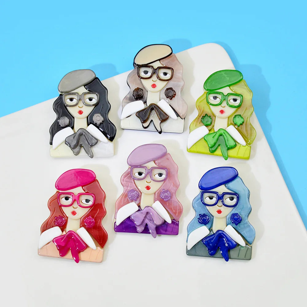 Wholesale Acetate Cartoon Girl Portrait Brooch Pin Colorful Acrylic Long Hair Girls Shape Brooch for Winter Clothing