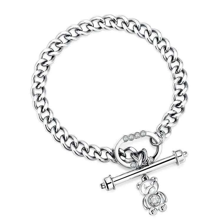 Wholesale Stainless Steel OT Clasp Chain Bracelet Crystal Bear Charm Pendant Cuban Chain Bracelets