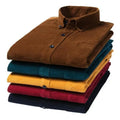 RNSHANGER Autumn Warm Men Shirts Fashion Cotton Corduroy Long Sleeved Button Collar Smart Casual Pocket Shirts for Men