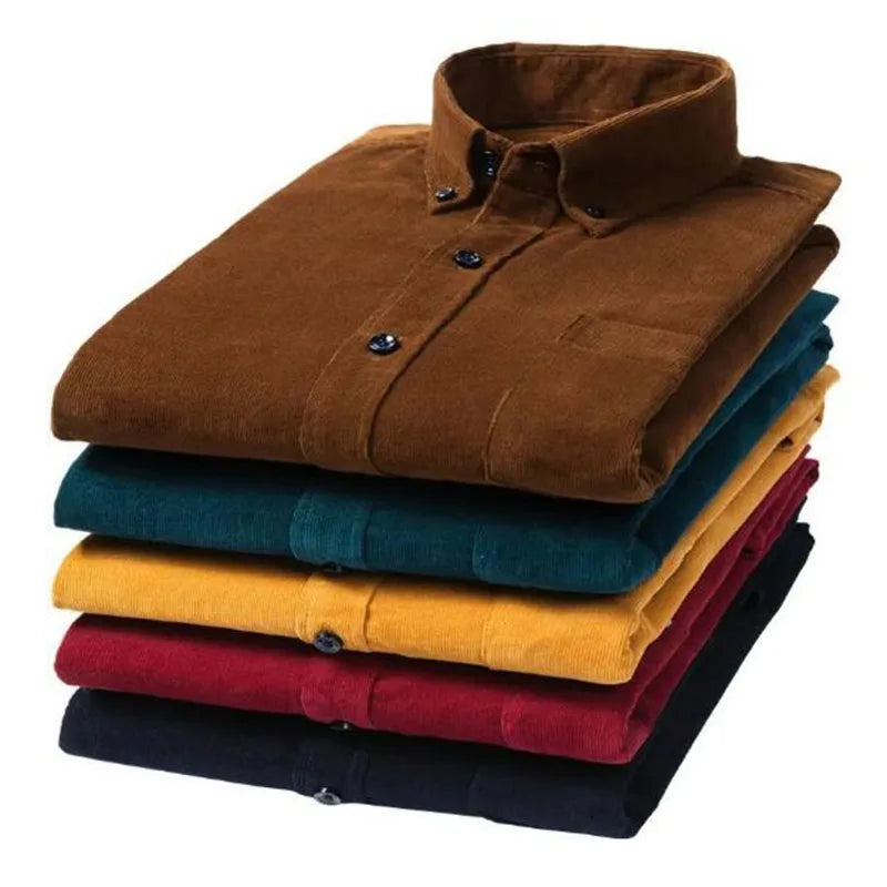 RNSHANGER Autumn Warm Men Shirts Fashion Cotton Corduroy Long Sleeved Button Collar Smart Casual Pocket Shirts for Men