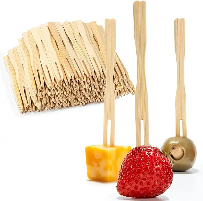 Custom Eco-Friendly Biodegradable Mini Bamboo Fruit Fork Disposable Hot-Resistant Cutlery BBQ Skewers Sticks in Christmas Style
