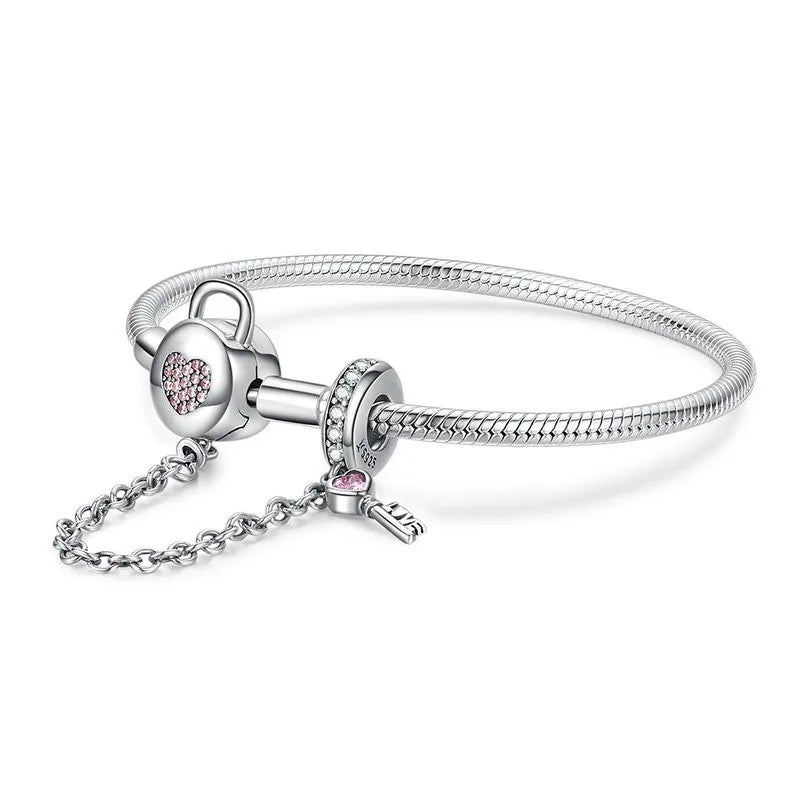 Wholesale Discount S925 Silver Pink CZ Heart Lock Key Charm Adjustable Bail Stackable DIY Bracelet for Women Girls Valentine