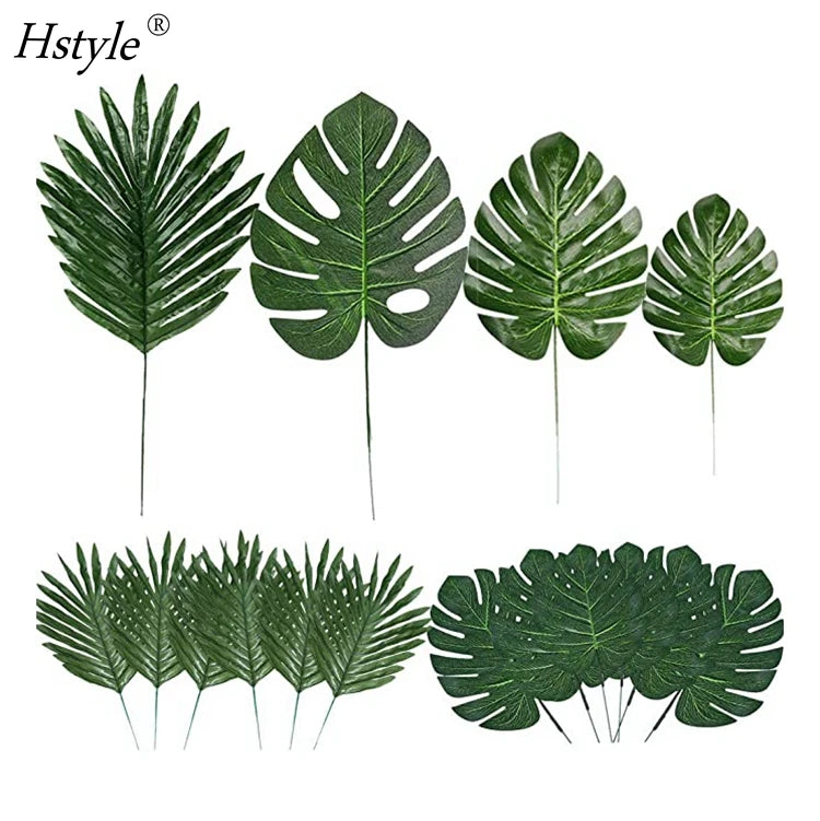 80 Pieces 4 Kinds Artificial Palm Leaves with Faux Stems Tropical Plant Monstera Leaves Safari Leaves for Hawaiian FZH354