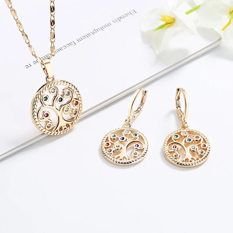 Tree of Life Jewelry Accessory Set of Earring and Necklace Family Tree Gold Plated Lucky Gift Jewelry for Birthday