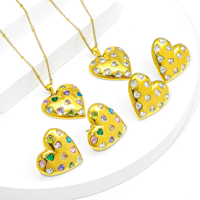 JUSNOVA 18k Gold Plated Stainless Steel Cute Double Heart Earrings Drop Dangle Statement Earrings Smooth Love Necklace