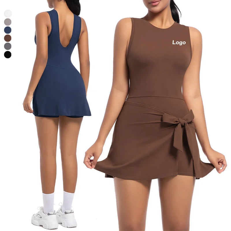 YIYI Wholesale Autumn Womens High Neck Tennis Dress Sleeveless Wrap Skirt Built in Shorts Golf Athletic Dress Workout Rompers