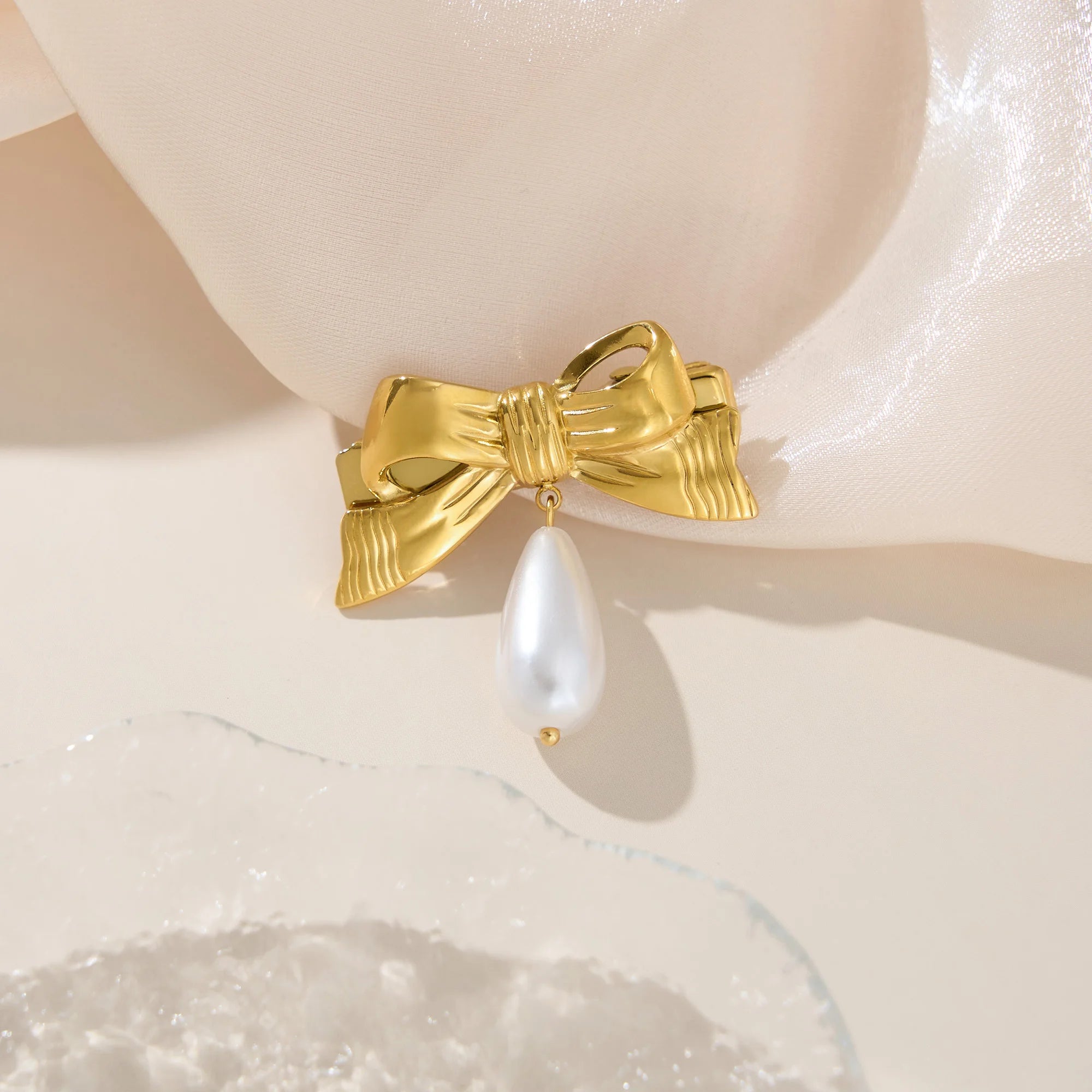 2025 Dazan New HOT Sale INS 18k Gold Plated Stainless Steel Korean Cute Idol Bow Tie Pearl Drop Hair Accessories Lady Jewelry