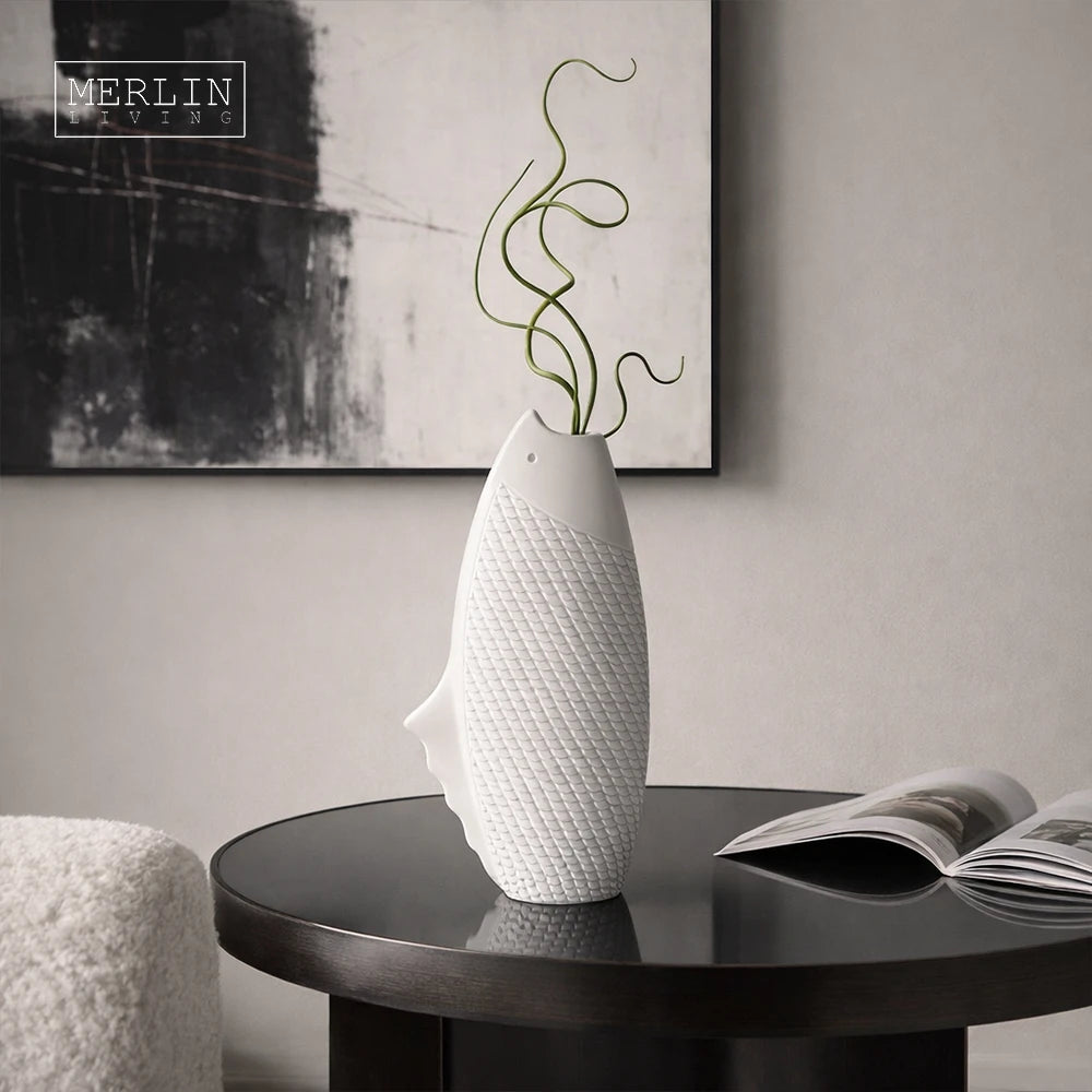 Merlin Living Modern Fish Sculpture Statue White Vase Design Decorative Flower Home Decor Accessories Items for Ceramic Vase