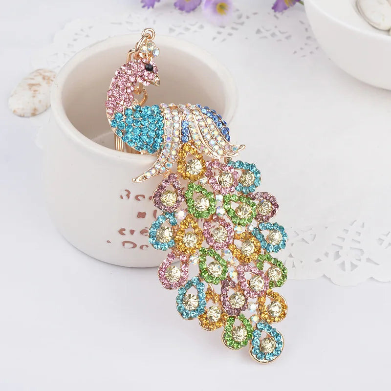 Luxury Exaggerated Animal Peacock Key Chain Colorful Rhinestone Crystal Peacock Pendant Keychain Backpack Accessory