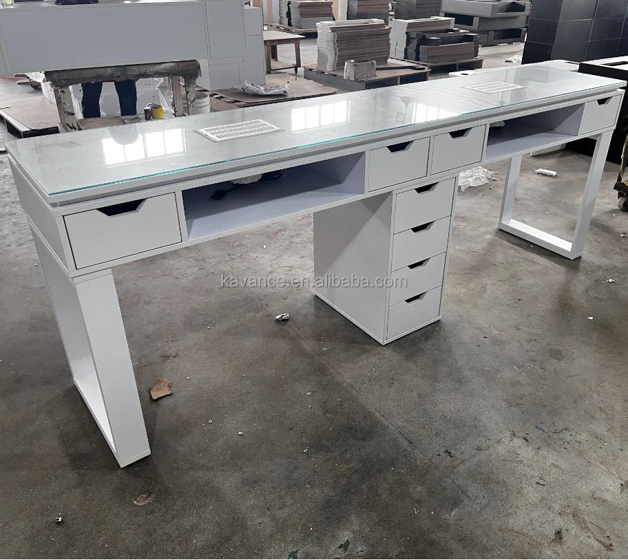 Modern Style Glass Top 2 Seats White Nail Manicure Table with Fan for Nail Salon and Living Room Furniture 300KGS Capacity