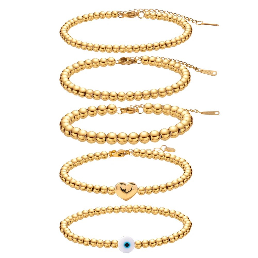 Minimalist INS 18K Gold Plated Stainless Steel Jewelry Heart Pendant Bead Chain Bracelet for Women