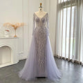 Ruolai ASA-SS52 Luxury Beading V-neckline Tulle Evening Dresses Plus Size Long Sleeves Purple Party Formal Dresses for Women