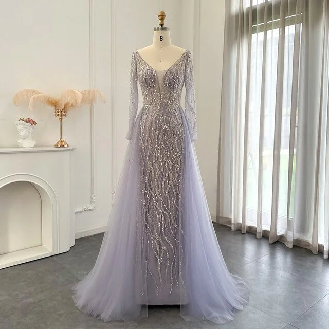 Ruolai ASA-SS52 Luxury Beading V-neckline Tulle Evening Dresses Plus Size Long Sleeves Purple Party Formal Dresses for Women