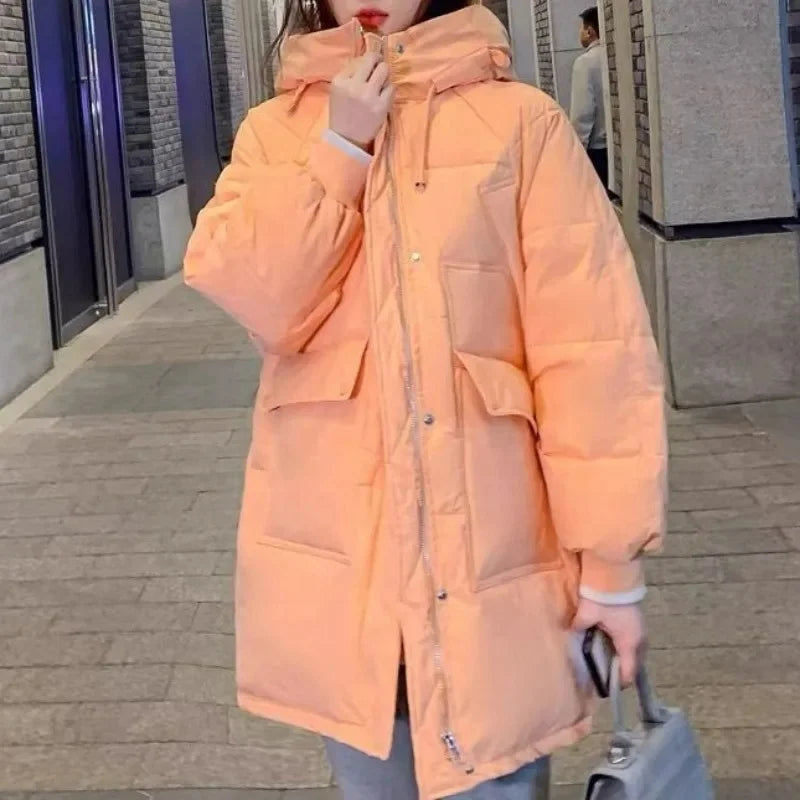 2023 New Women Down Jacket Winter Coat Female Fashion Loose Parkas Mid Length Version Hooded Outwear Warm Thick Overcoat S-XL