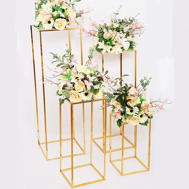 D-FS002 Rectangle Gold Metal Wedding Flower Vase Flower Stand for Wedding Party Table Centerpiece Road Led