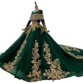 Dubai Dark Green Evening Gowns Gold Flora Appliques Long Sleeves a Line Prom Dresses Saudi Arabia Sweep Train  Robe De Soiree