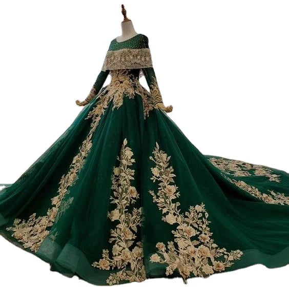 Dubai Dark Green Evening Gowns Gold Flora Appliques Long Sleeves a Line Prom Dresses Saudi Arabia Sweep Train  Robe De Soiree
