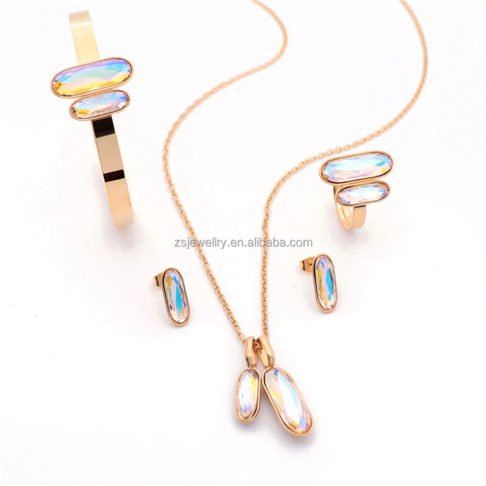 Bridal Jewelry Indian Birthstone Design Gemstone Gold Plated 4Pcs Bracelet Stainless Steel High End Women Girl Luxury Sets