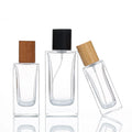 Top Quality Bamboo Wood Cover Transparent square Thick Perfume Bottle 30ml 50ml 100ml Crimp Glass Perfume Bottle