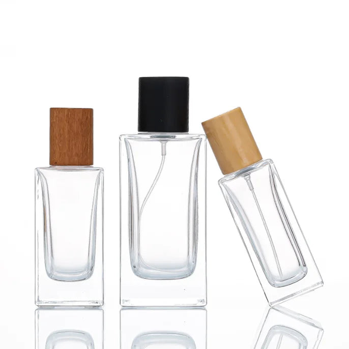 Top Quality Bamboo Wood Cover Transparent square Thick Perfume Bottle 30ml 50ml 100ml Crimp Glass Perfume Bottle