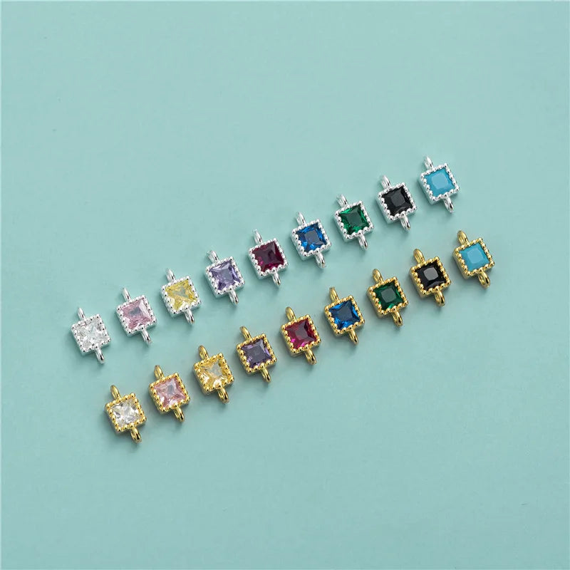 Personalized 925 Sterling Silver Double Loop Square Zircon Charm Connector for Bracelet Jewelry Making Accessories