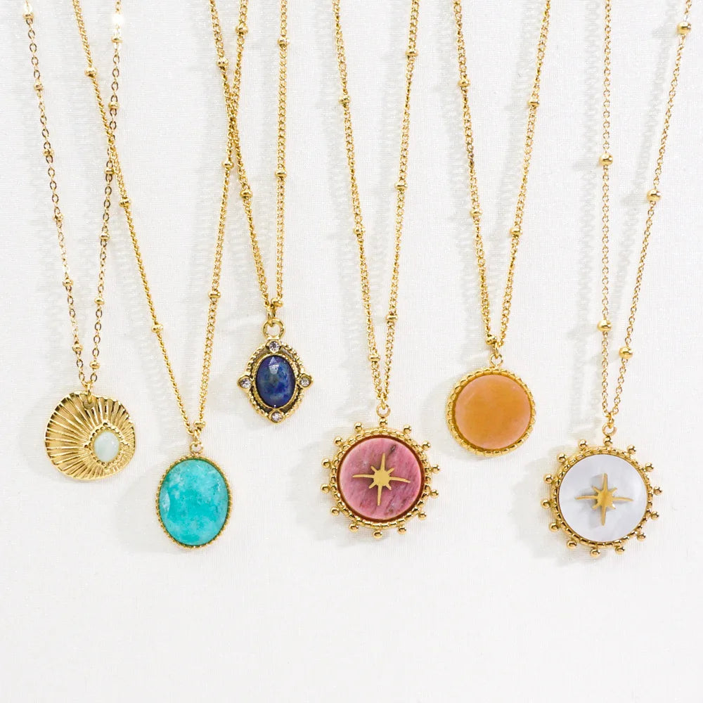 Joyas Fashion Jewelry 14k Gold Plated Natural Stone Pendants Stainless Steel Necklaces