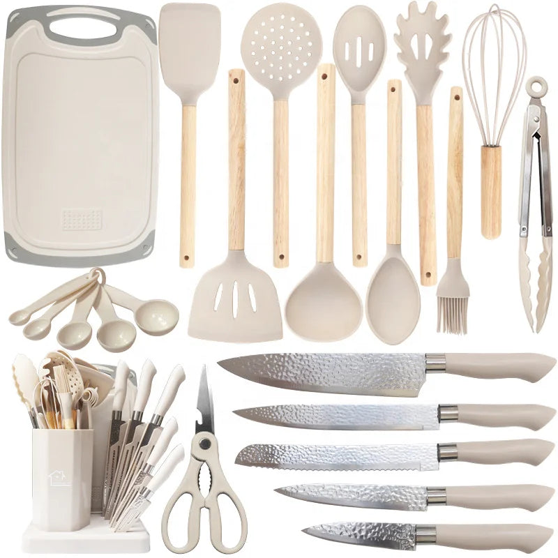 Stainless Steel 19 Piece Kitchen Knife Set with Silicone Cutting Board & Block Dishwasher Safe Soft Handle