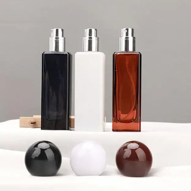 Luxury Perfume Packaging Amber White pink Yellow Matte Black 30ml square Perfume Bottle Unique Cap Ball Shape