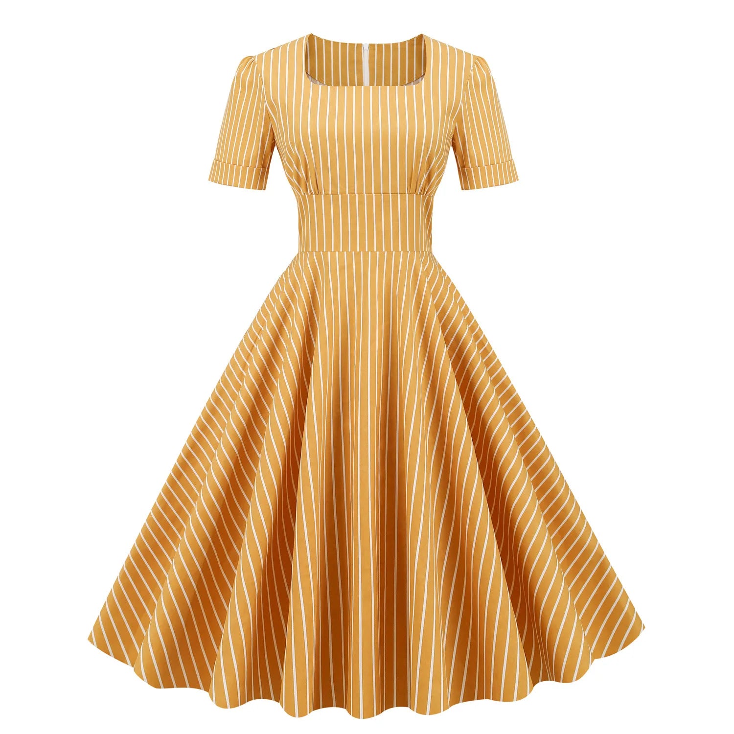 50s 60s Cotton Vintage Swing Dresses Women Striped Puff Short Sleeve Retro Rockabilly Robe