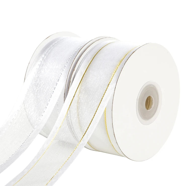 Factory Wholesale Customized Eco-Friendly Satin Edge Woven Organza Ribbon with 95% Nylon and Silver/Gold Thread for Decorations