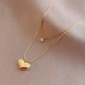 Trendy Double Layer Stainless Steel Chain Love Heart Pendant Necklace Fade Resistant Cubic Zirconia Stone Heart Charm Necklace