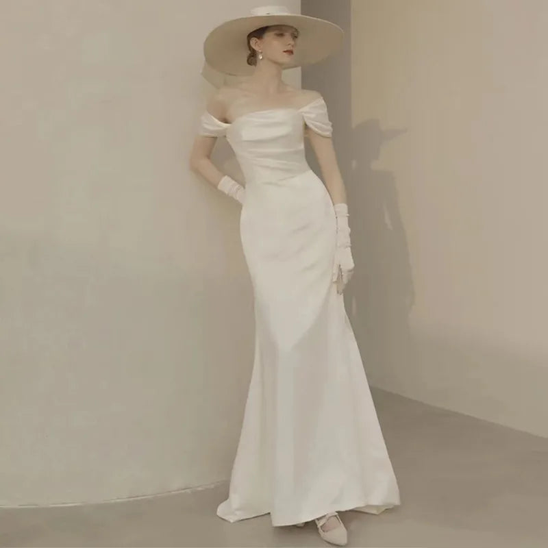 Womens Party White Sweep Train Satin Face Luxury Wedding Elegant Dresses