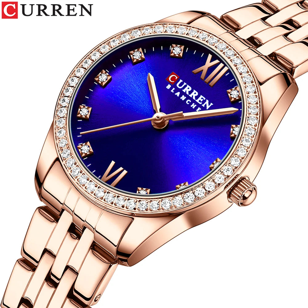 For CURREN 9086 Ladies Luxury Stainless Steel Band Quartz Wristwatch New Charming Rose Clock with Rhinestone Female Luxury Watch