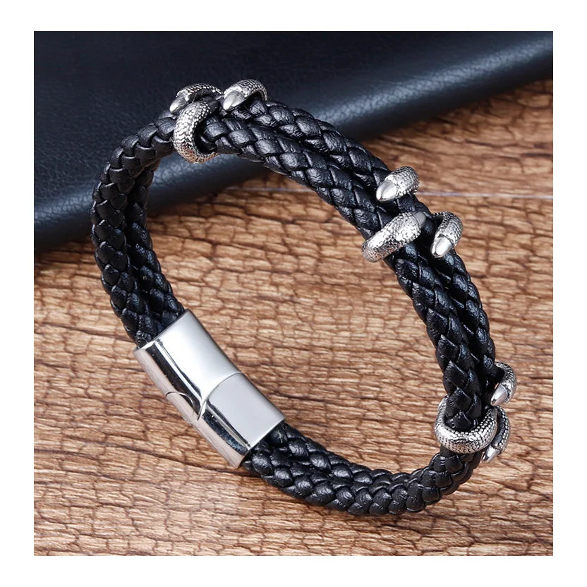 Fashion Stainless Steel Clasp Jewelry Wrap Bracelets Male Double Layer Handmade Leather Magnetic Bracelet for Men
