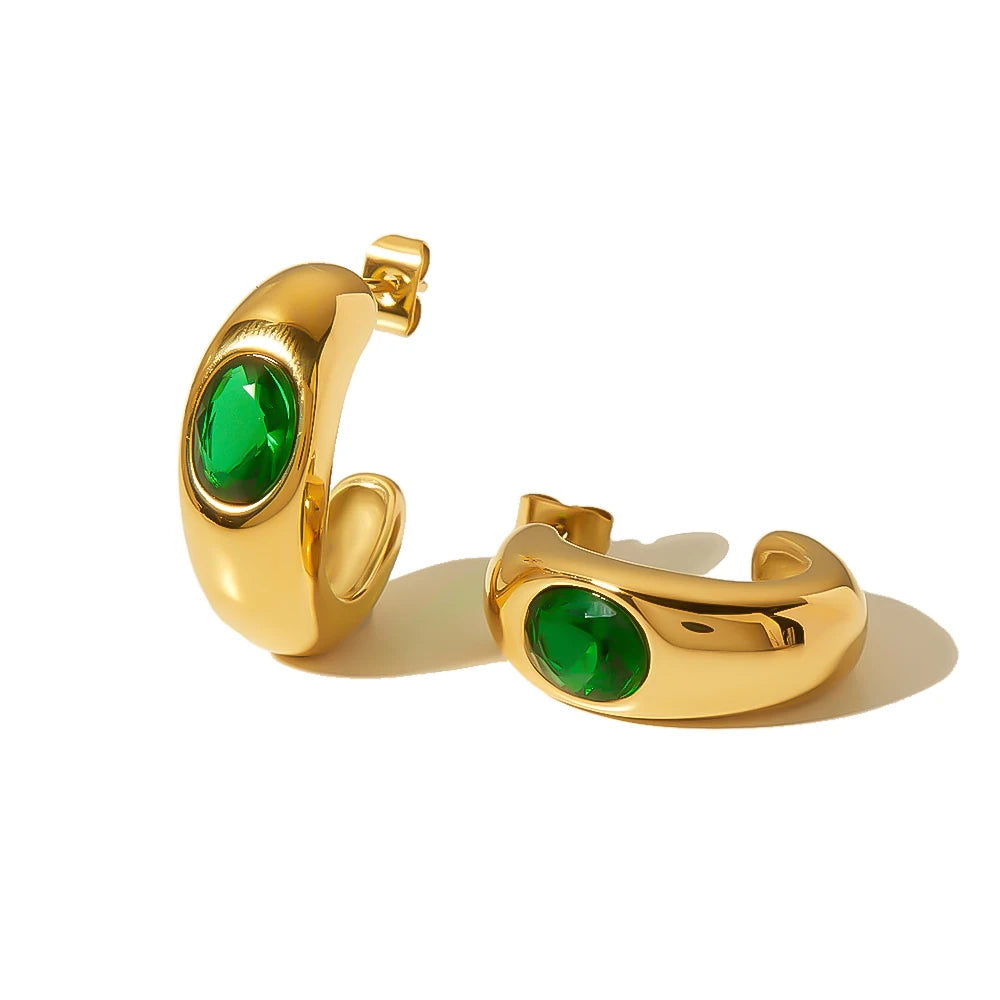 High Polished Stainless Steel Gold Plated Shiny Irregular Green Zircon Emerald Inlaid CC Huggie Earrings for Women Jewelry Gift